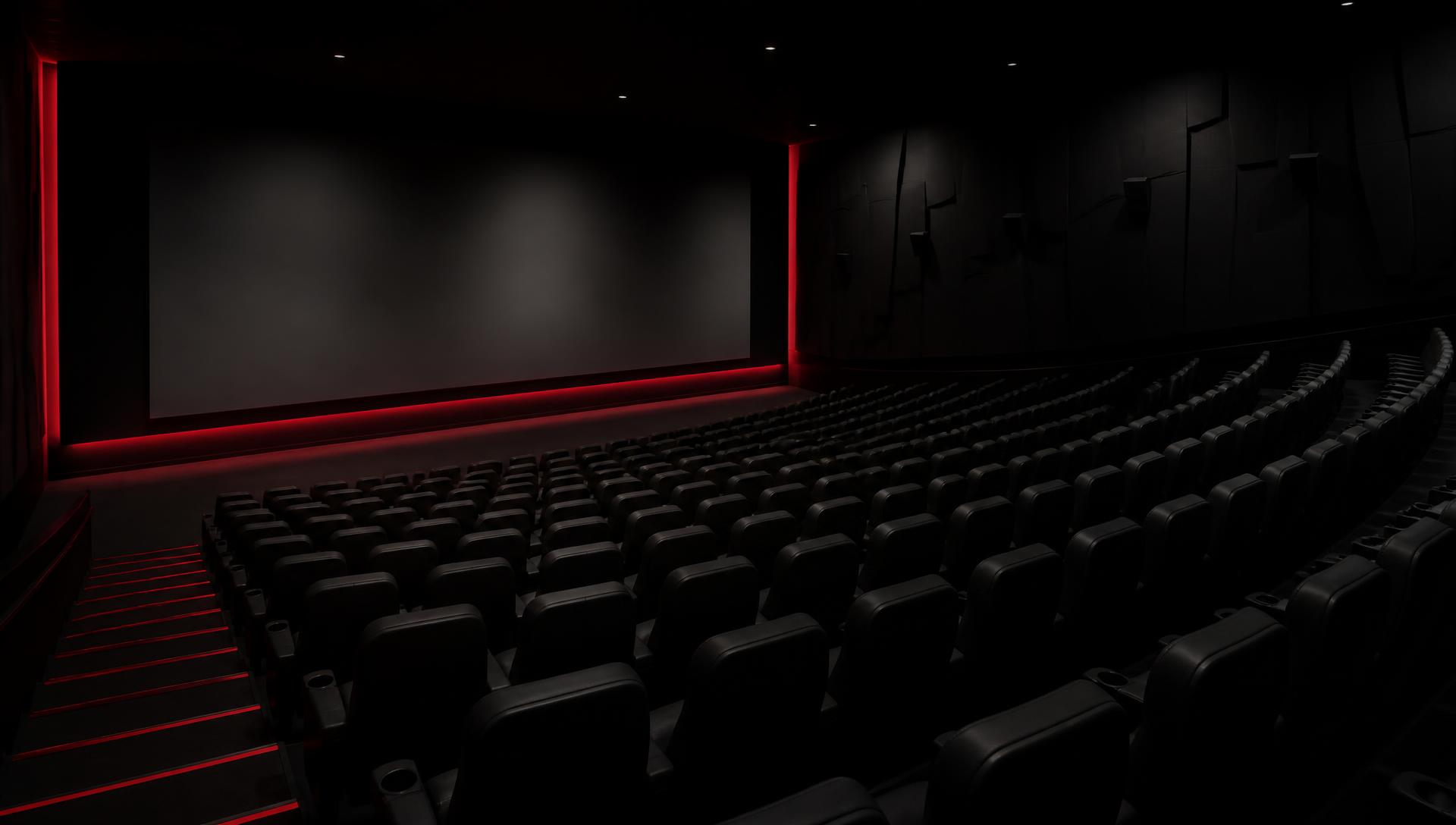 Empty modern cinema auditorium lit with red accent lighting